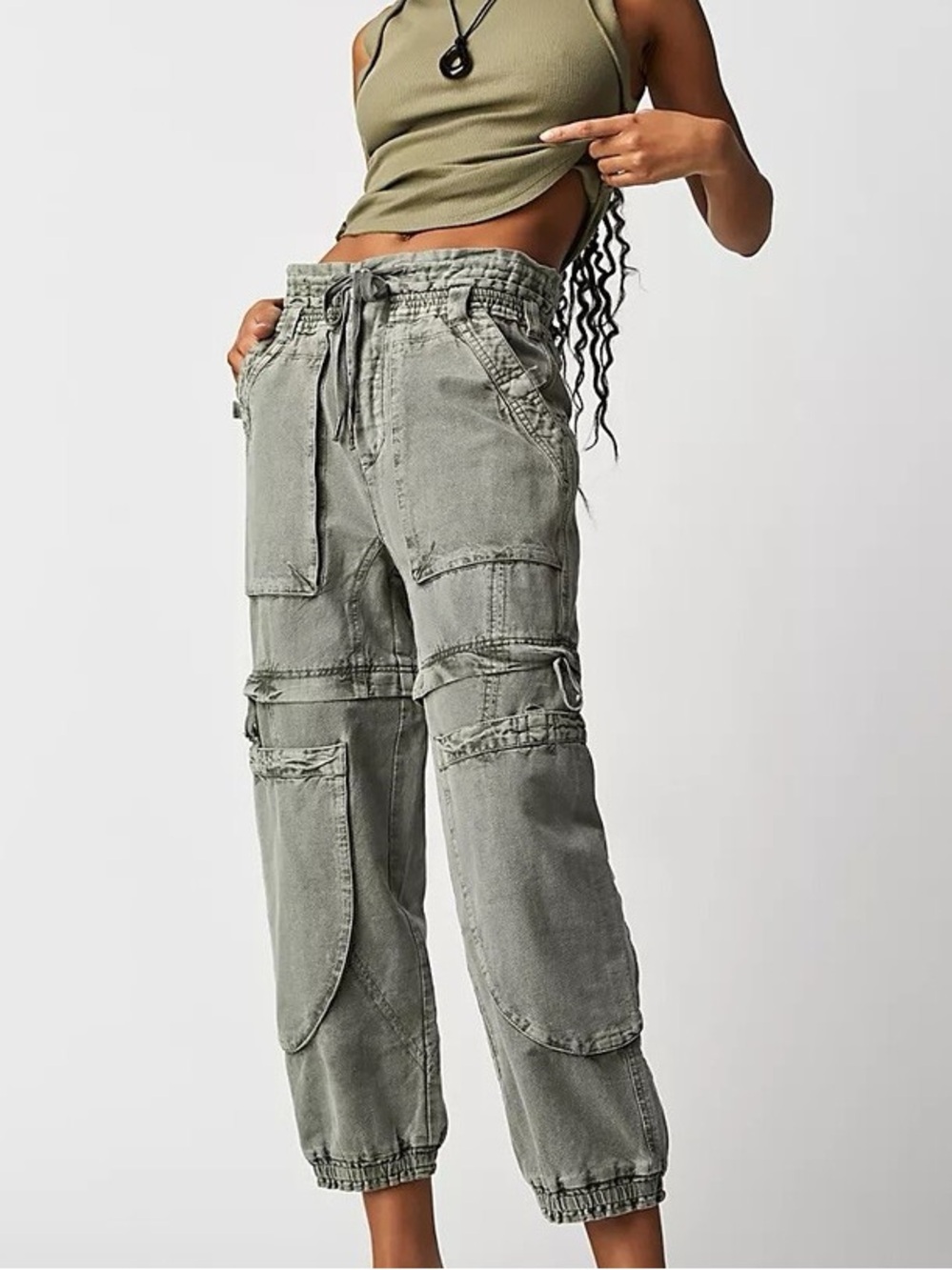 Free People Winddrift Convertible Pants SM Gray Cropped Cargo Relaxed Midrise